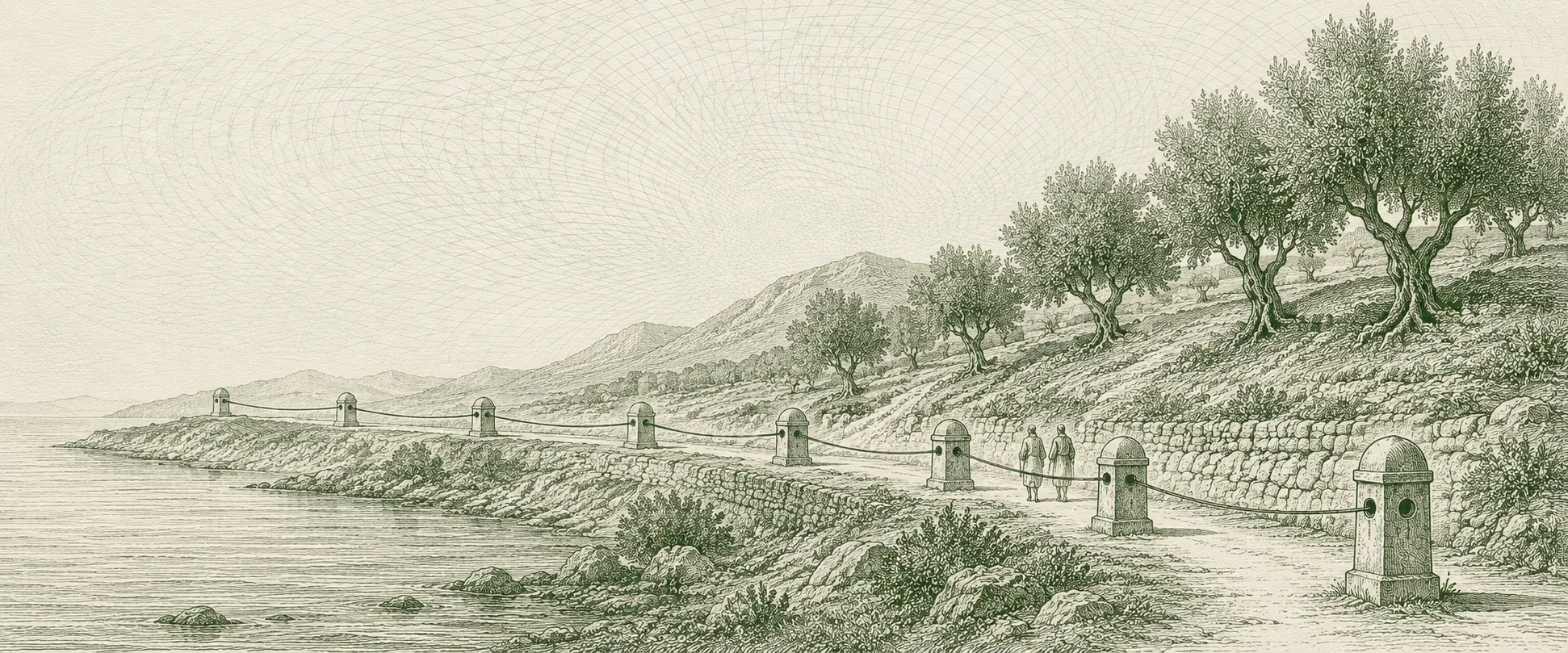 Seven waystones along a coastal trade road